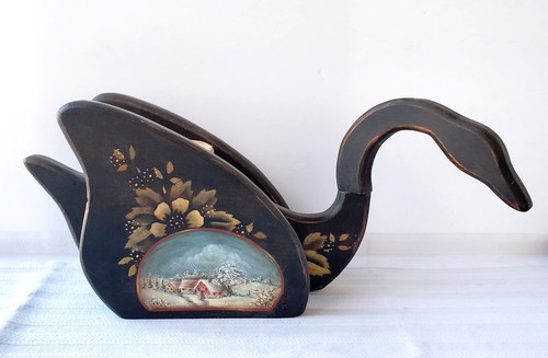 Handcarved Dutch Country Amish Painted Folk Art Toleware Wood Swan Candleholder