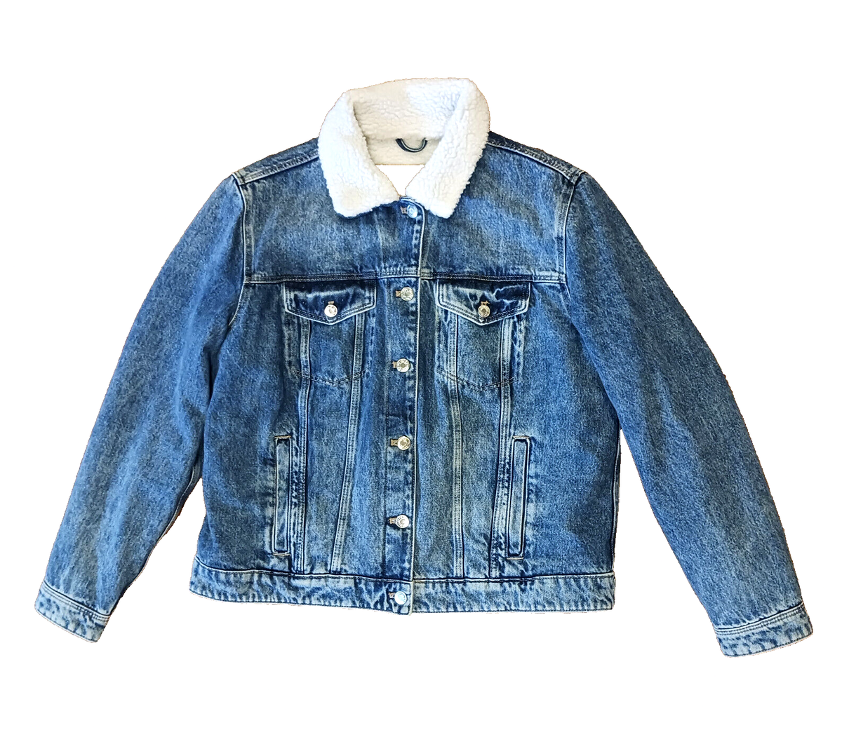 C&A Blue Denim Mens Jacket Sherpa Lined Faded Medium Wash Size 