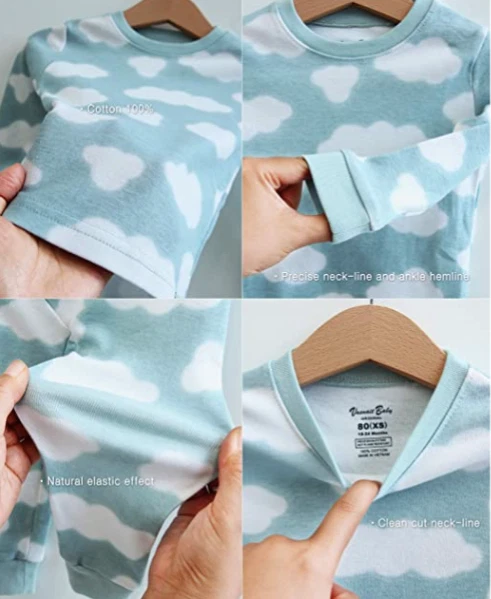 Conjunto de pijama Vaenait Baby 100% algodão 2 peças azul com nuvens brancas EUA tamanho 10, M - Imagem 4 de 4
