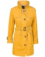 Khujo Yellow Mustard Canvas Trench Coat Jacket Belted High Neck Lots Of Pockets