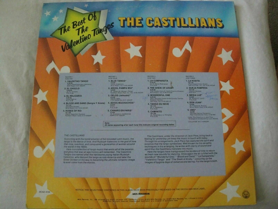 THE CASTILLIANS THE BEST OF THE VALENTINO TANGOS 2X VINYL LP 1976 MCA RECORDS EX - Image 2 of 4