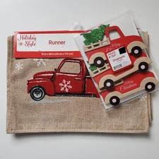 Table Runner Red Pickup Truck & 3 Ornaments Burlap Farmhouse Country Pioneer Lot
