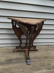 Vintage Carved Wood Plant Stand End Side Table Carved Winged Bird