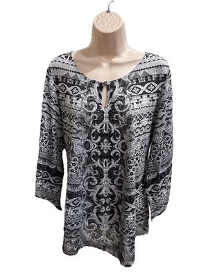 World Unity Women s Size L Black Gray White Geometric 3/4 Sleeve Blouse Keyhole
