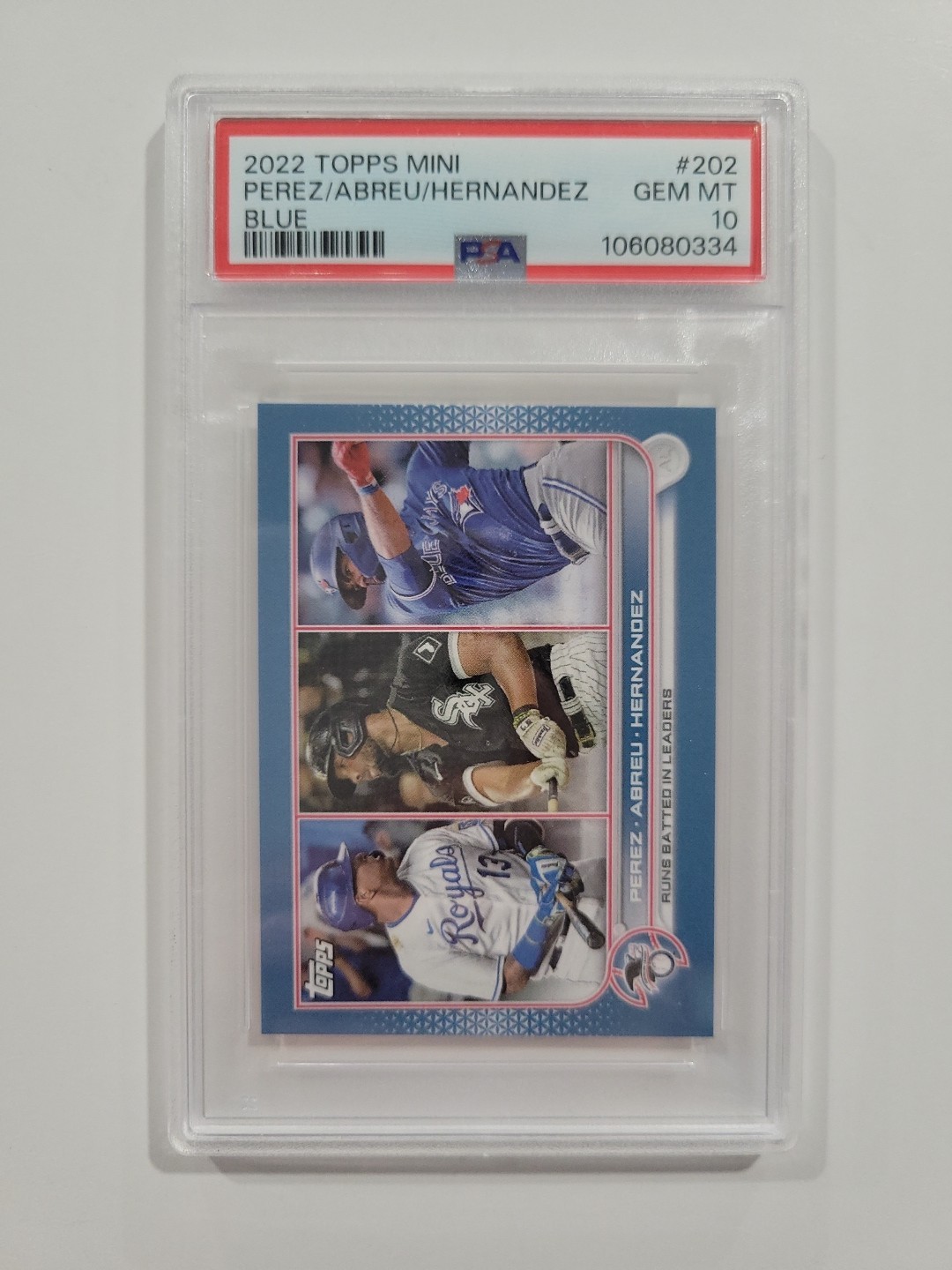 2022 Topps MiniPerez/Abreu/Hernandez#202 Blue 10/10 PSA 10 Numbered RBI Leader view 1