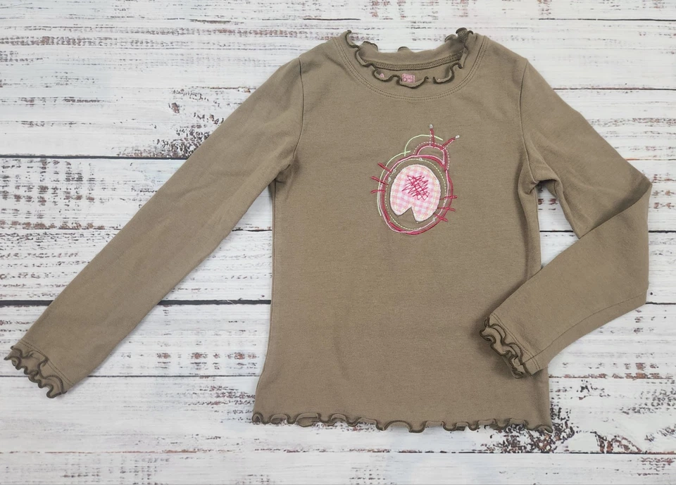 Y2K Faded Glory Girls Ruffle Trim Long Sleeve Top with Pink Gingham Bug – Size 6 - Image 2 of 4