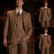 3Pcs Linen Men Suits Blazer Summer Beach Khaki Vintage Dinner Coat Casual Jacket