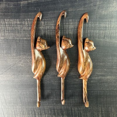 Set of 3 Teak Mid Century Hanging Monkeys Wooden Carved MCM Wall Decor