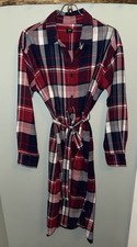 Uniqlo Shirt Dress SZ M Plaid Check Flannel Red Button Up Belted Pockets Cotton