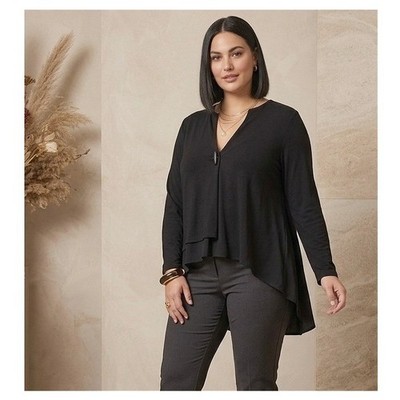 Last Tango Black Long Sleeve High Low Toggle Button Top V-Neck L/XL Large Luxe