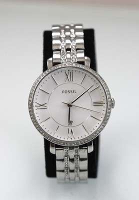 Fossil Jacqueline Watch Women Silver Stainless Gemstones White Date 30m Quartz