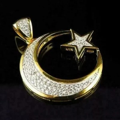 2Ct Round Cut REAL Moissanite Moon & Star Charm Pendant 14K Yellow Gold Plated