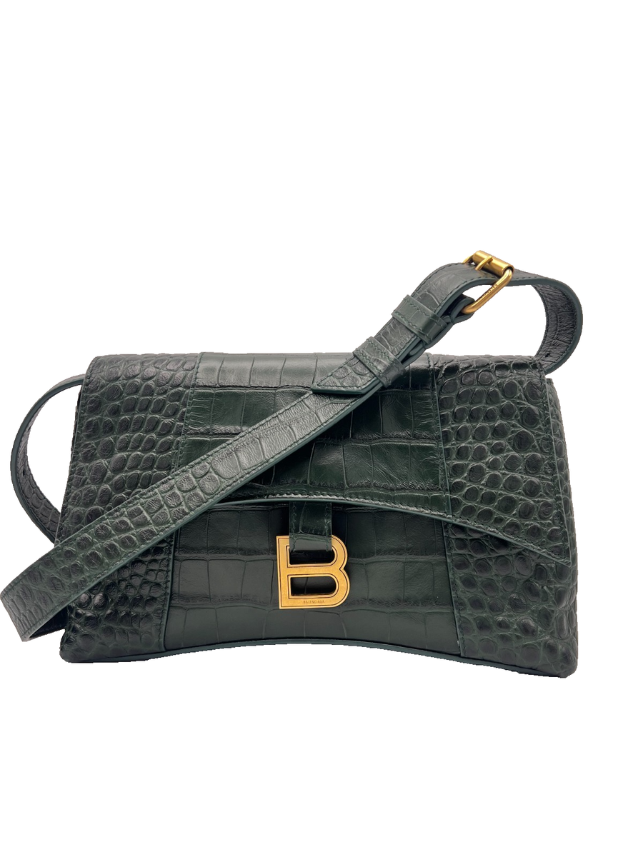 Balenciaga Downtown XS Croc Embossed Leather Shoulder Bag Forest