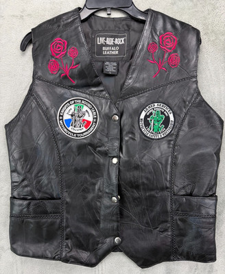 Live Ride Rock Women's Buffalo Leather Motorcycle Vest Sz L Black Rose
