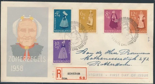 LS74662 Netherlands 1958 summer stamps registered FDC used