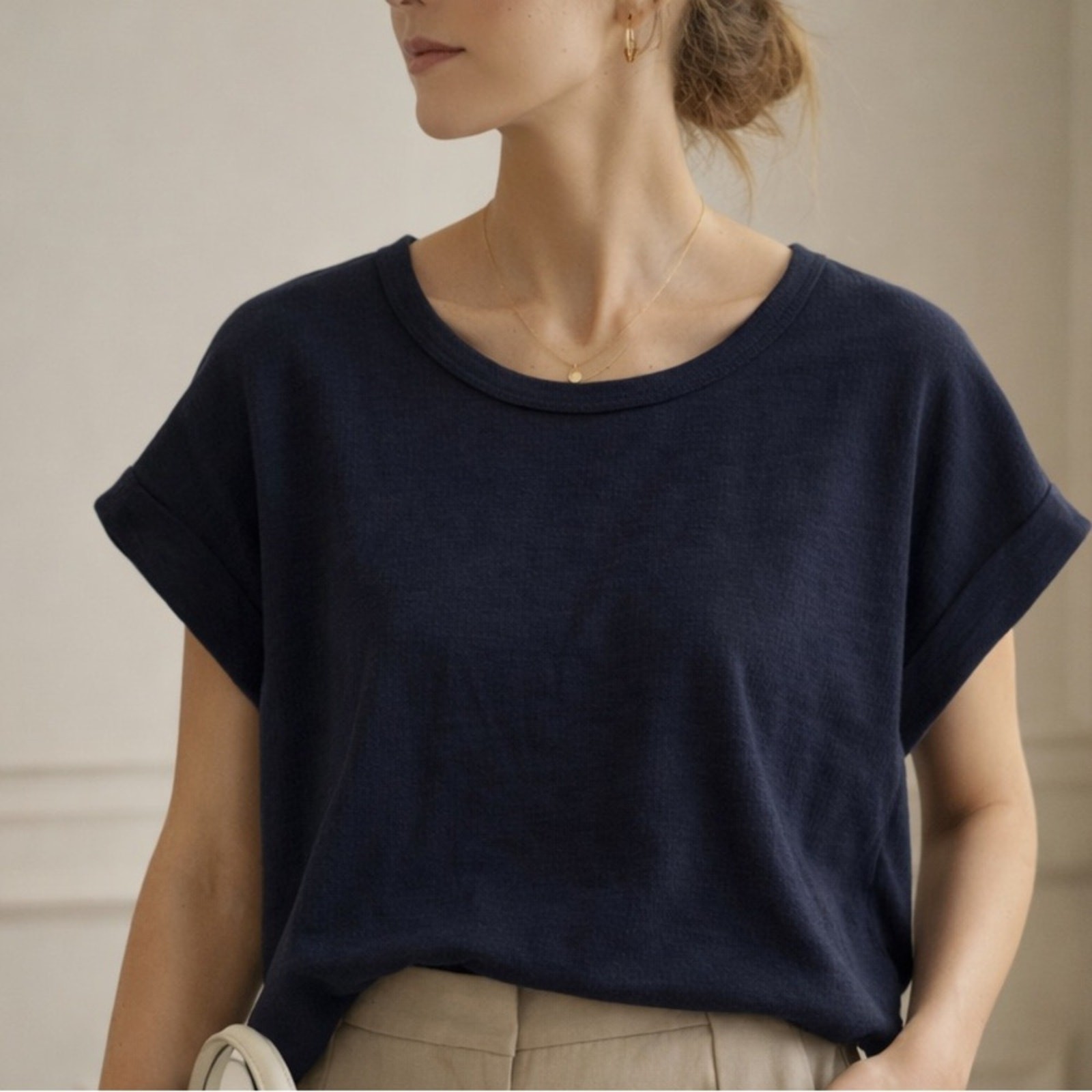 MIKAROSE Navy Blue Slub Tee XS NWT 100% Cotton Minimalist Capsule Top