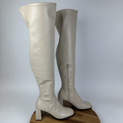 New Womens Open Edit Briar Cream Faux Leather Over The Knee Heeled Boots Size 9