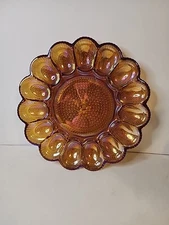 Vintage MCM Indiana Glass Marigold Carnival Glass Hobnail Deviled Egg Plate 11”