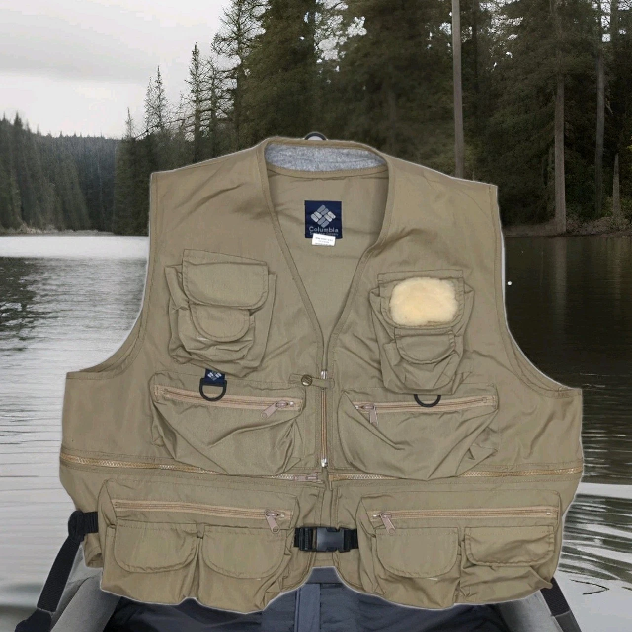 Vintage Columbia Fly Fishing Vest Mens XXL 2XL Beige Multi Cargo Pockets Zip Off