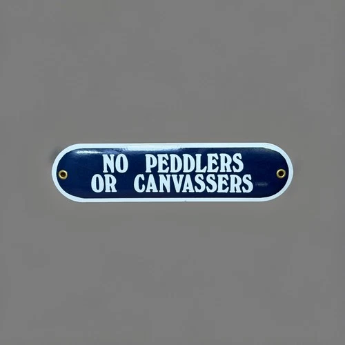 Blue/White Porcelain "NO PEDDLERS OR CANVASSERS " Sign Vintage? 10x2.5”