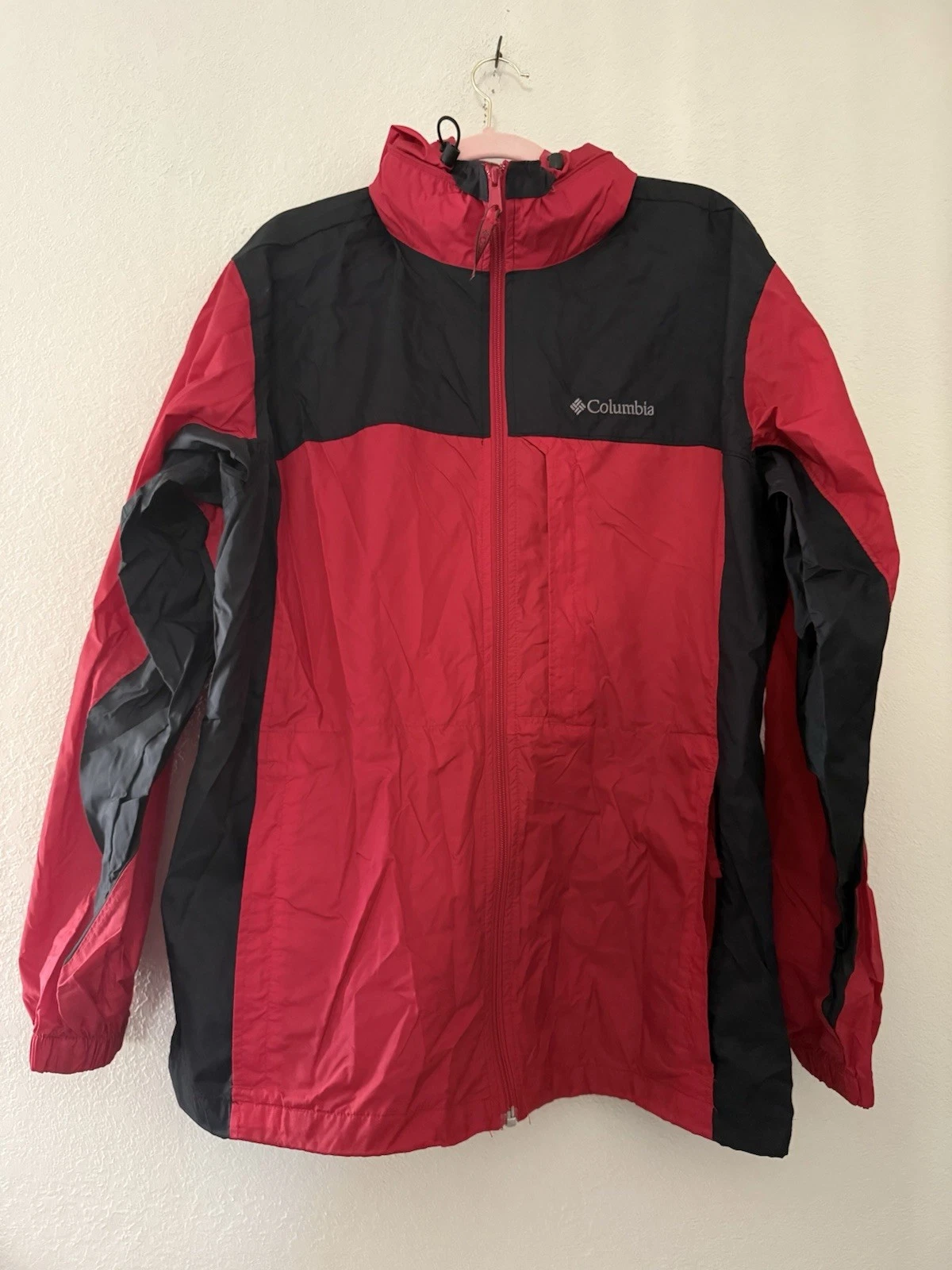 Columbia Jacket Mens Large Windbreaker Red Black Full Zip Roll-up Hood Pockets