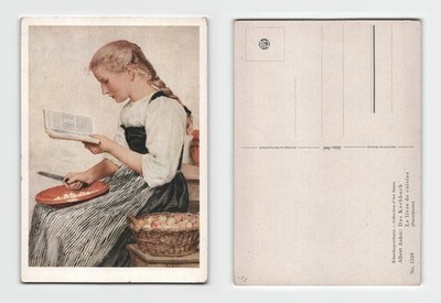Postkarte - Albert Anker Kunst Gemälde Mädchen liest Kochbuch UNBESPIELT