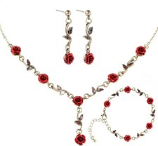 Yolev 3Pcs Set Red Rose Jewelry - Rose Flower Pendant Necklace, Bracelet Dangle