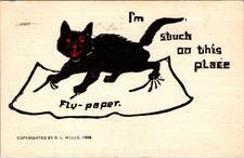 Antique Comical Linen PC black Cat stuck on flypaper