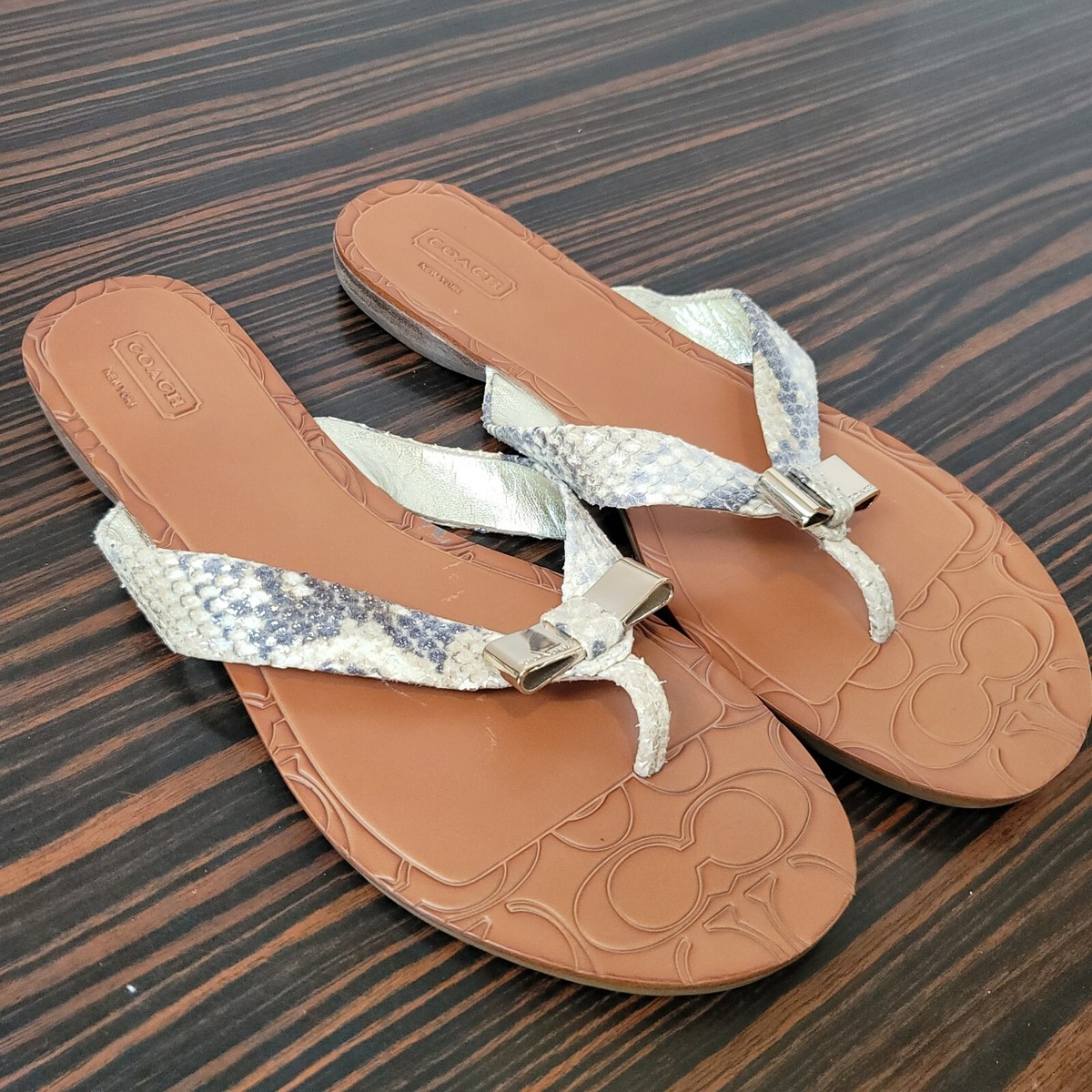 Coach Flip Flops Womens B Sable Metallic Snake Skin Signature