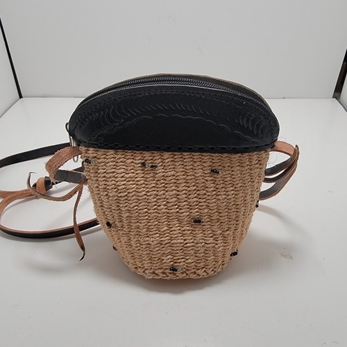 Small Crossbody Jute & Leather Bag Wicker Basket Purse w/ Beads 6” Boho Sisal - Picture 2 of 7