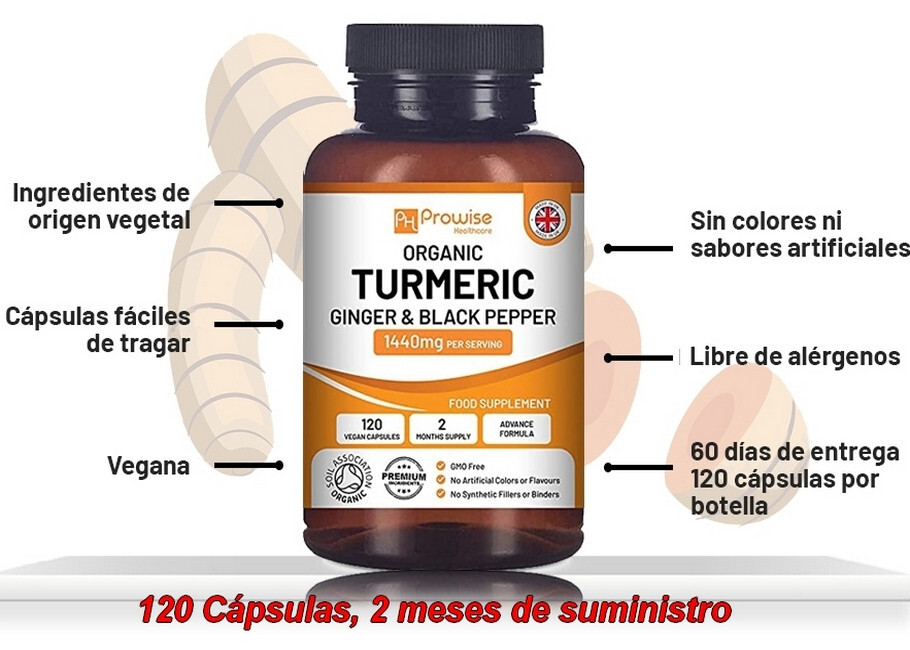 Cúrcuma con pimienta negra y jengibre 1440 mg, 120 cápsulas veganas,para 2 meses