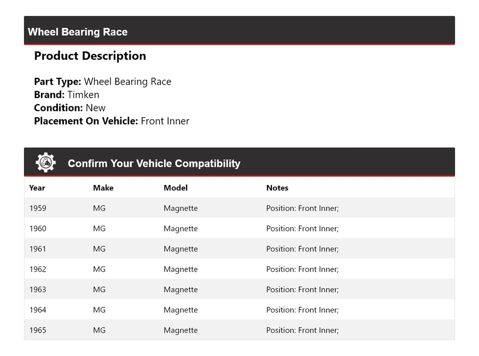 For 1959-1965 MG Magnette Wheel Bearing Race Front Inner Timken 1960 1961 1962 - Image 2 of 4