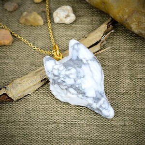 Authentic Howlite Gemstone Gold Plated Necklace 925 Sterling Silver Wolf Head Face Pendant