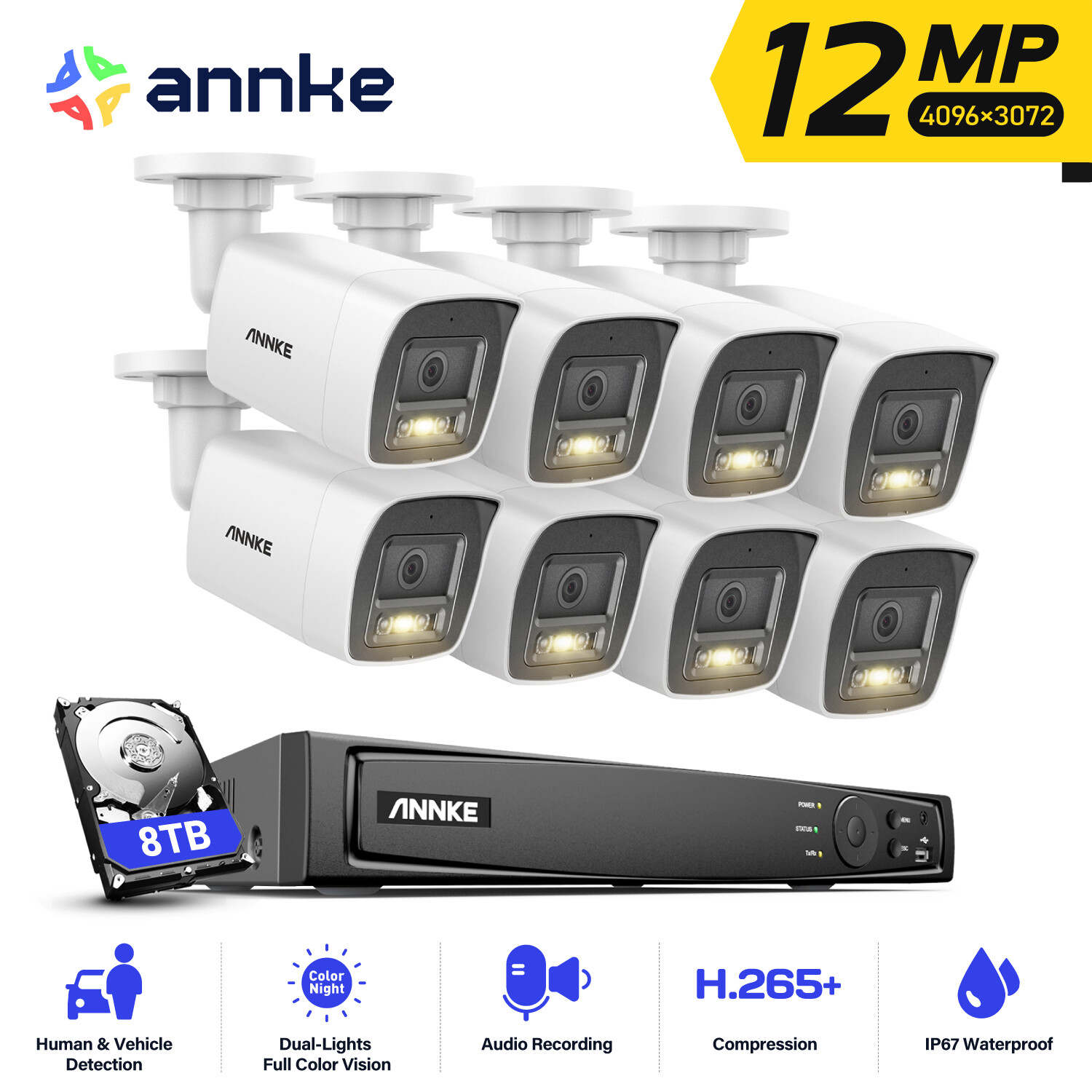 ANNKE 8CH 12MP PoE IP Camera System with Color Night Vision and Human Detection