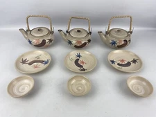 Three Japanese Single Serve Tea Sets Teapot Bowl/Cup Plate Stoneware Rattan