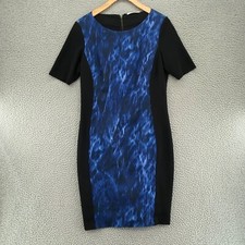 T Tahari Dress Womens 8 Blue Black Colorblock Sheath Short Sleeves Mini Stretch