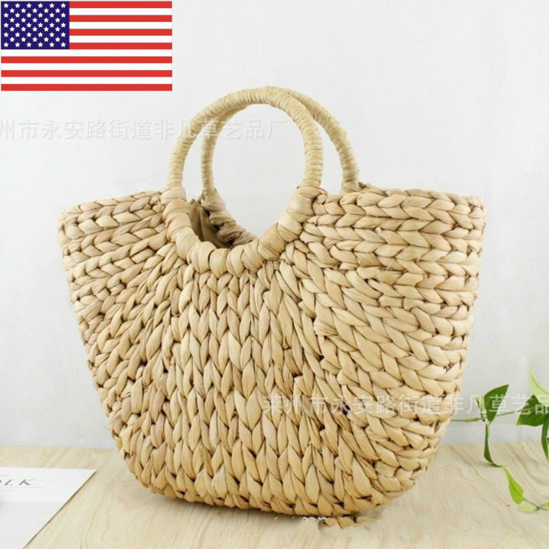 Dama Bolso de Mano de Mimbre Bolsos Bolsos Playa Paja Tejido Verano Ratán Cesta Retro