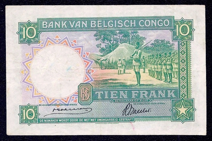 Belgian Congo 10 Francs  P-14  1941  (Dancing Watusi )  VF - Image 2 of 2