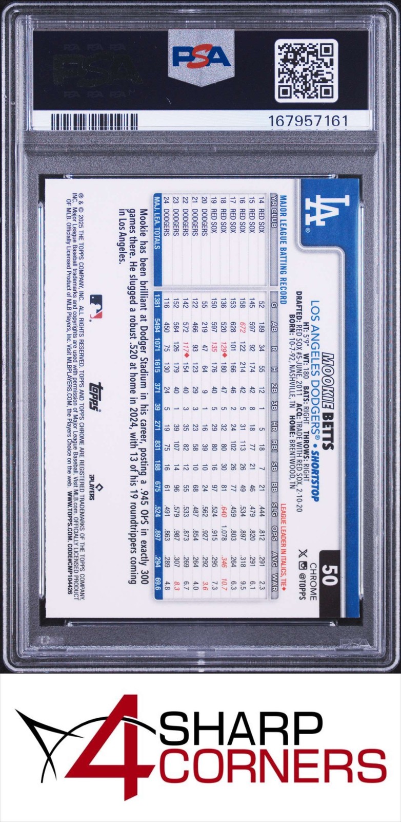 2025 TOPPS CHROME #50 MOOKIE BETTS DODGERS PSA 10 view 2