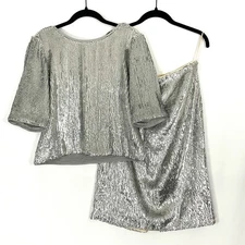 2-pc SET J. Crew SIZE 2 Bubble Sleeve Silver Sequined Holiday Party Top & Skirt