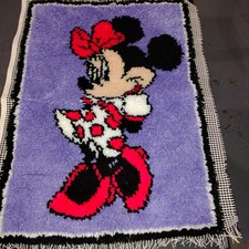 Vtg Cute Minnie Mouse Completed Latch Hook, Purple Background, 30 x 22, Wall Art