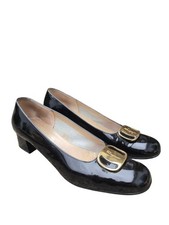 Salvatore Ferragamo Vintage Black Patent Leather Buckle Pumps Block Heel 9.5AA