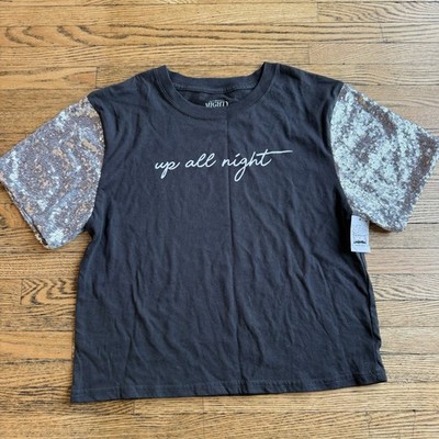 Mighty Fine  Up all Night  Tee Womens Medium Black Silver Sequins Casual Glam