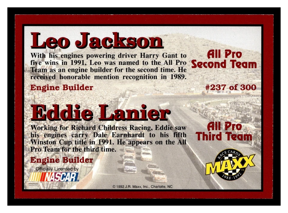 Leo Jackson / Eddie Lanier #237 1992 Maxx (Red) - Image 2 of 2