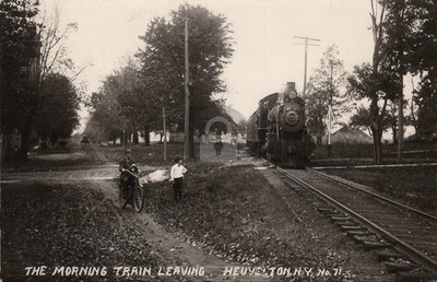 Morning Train Leaving Heuvelton NY Motorcycle 1915 Beach RPPC Postcard COPY