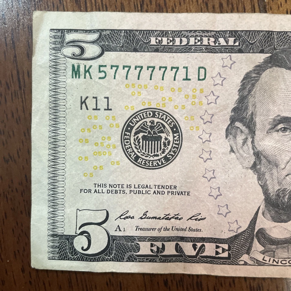 Fancy Serials Numbers Trinary Lucky 🍀 7s  $5 2013 MK(57777771)D 🍀 - Image 2 of 4