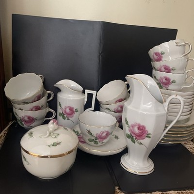 Meissen Pink Rose Set- 10 Cups, 9 Saucers, 6 Plates, 2 Creamers, 1 Sugar Bowl