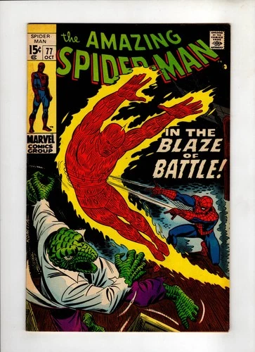 THE AMAZING SPIDER-MAN #77 1969 MARVEL FN+ 6.5 "IN THE BLAZE OF BATTLE!"