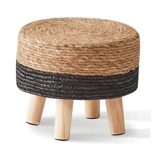  Round Foot Stool Natural Seagrass Poufs Ottoman 13"D x 13"W x 10.6"H Black