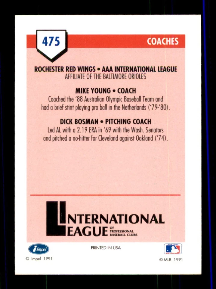 1991 Line Drive AAA #475 Mike Young / Dick Bosman Rochester Red Wings - Image 2 of 2